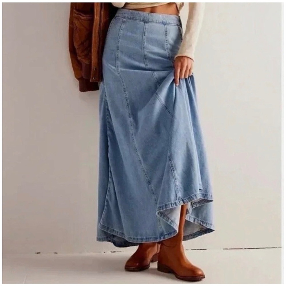 We The Free Catch The Sun Denim Maxi Skirt 25 Light Blue A-Line Boho Western